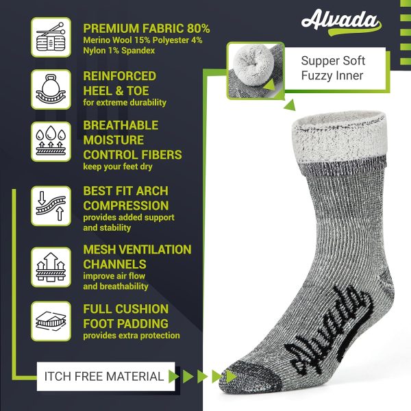 Alvada Merino Wool Hiking Socks Thermal Warm Crew Winter Boot Sock For Men - Image 3