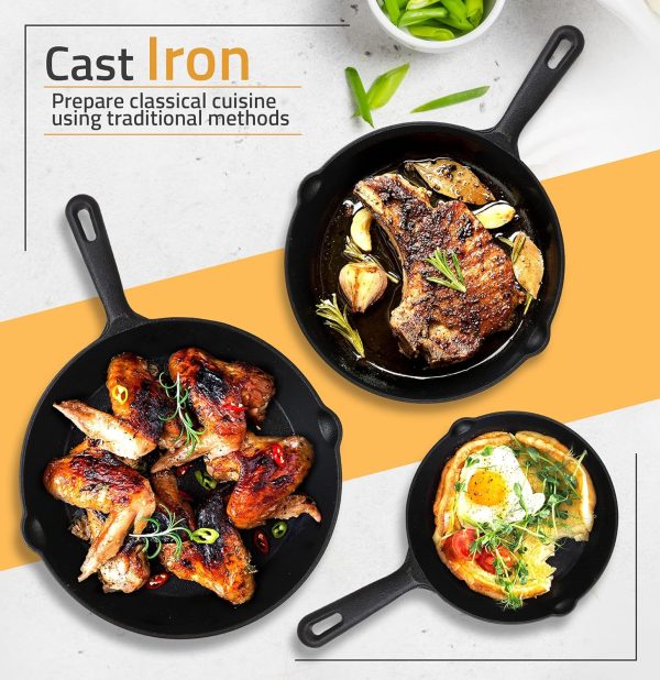Utopia Kitchen Saute Fry Pan - Pre-Seasoned Cast Iron Skillet Set 3-Piece - - Image 4
